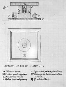 835435 Plattegrond en aanzicht van het altaar van Sint Maarten in de romaanse Domkerk te Utrecht